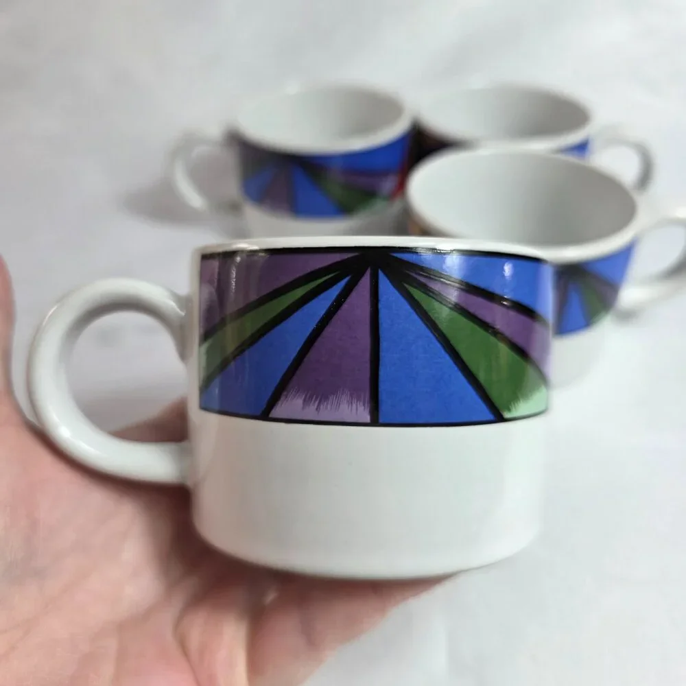 FOUR Sakura Sunset Mountain Flat Cups White with Multicolor Border